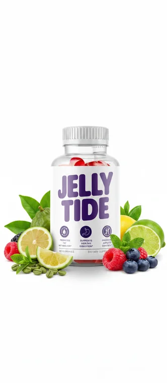 JellyTide apple cider vinegar and BHB gummies bottle surrounded by fresh fruit